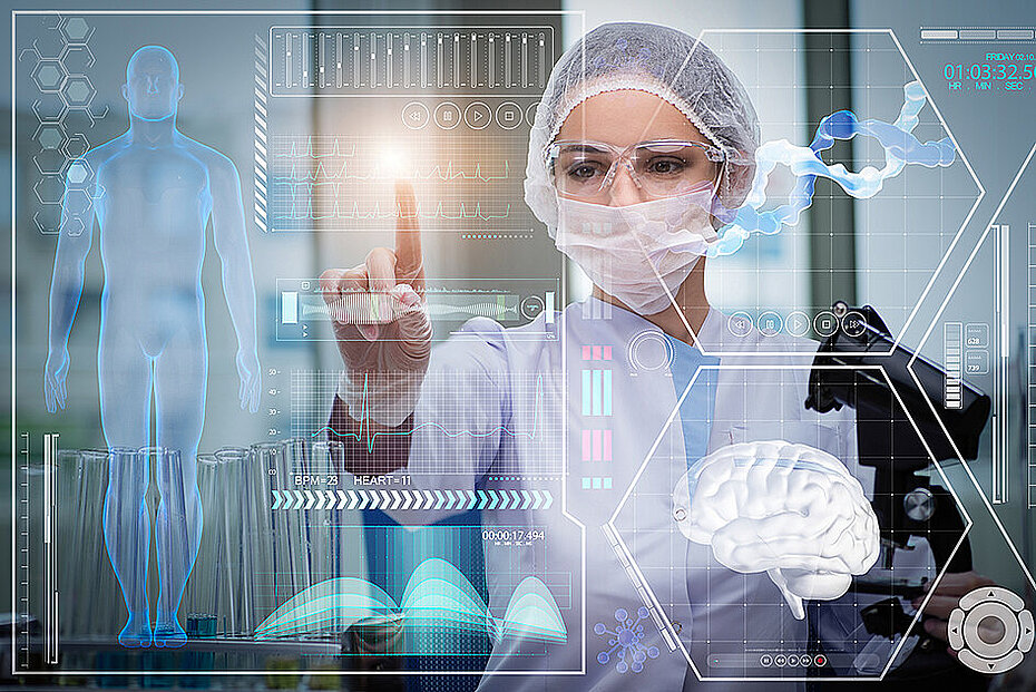 Doctor in futuristic medical concept pressing button HSKL