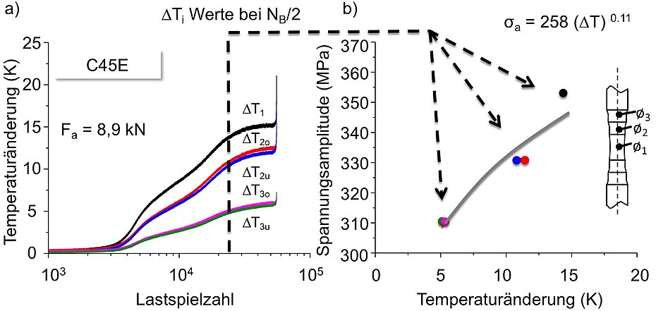 a) Wechselverformungskurve auf Basis der Temperaturänderung für verschiedene Prüfstre-ckendurchmesser der SteBLife Probe, b) Spannungsamplituden-Temperaturänderung-Kurve in einem Einstufenversuch mit a = 360 MPa für den normalisierten Stahl C45E