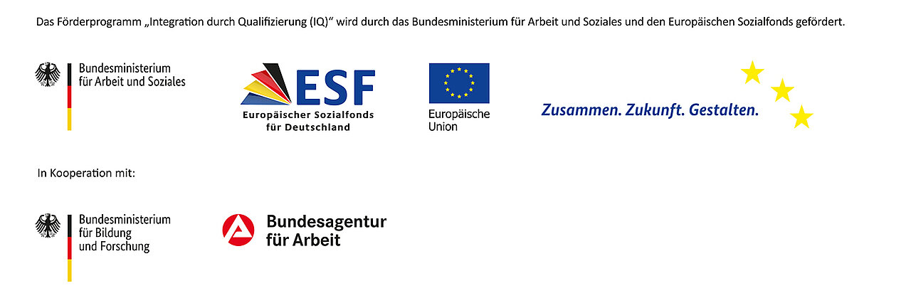 Das Förderprogramm Integration durch Qualifizierung (IQ) wird durch das Bundesministerium für Arbeit und Soziales und den Europäischen Sozialfonds gefördert