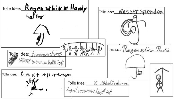 Skizzen von Regenschirmerfindungen von Kinderuni-Kindern