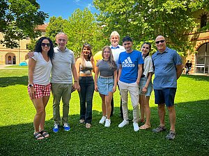 Students from Kaiserslautern University of Applied Sciences meet with their professors Armbruster and Birkendorff and two other professors from Ohio State University at the UVPN in Ancona