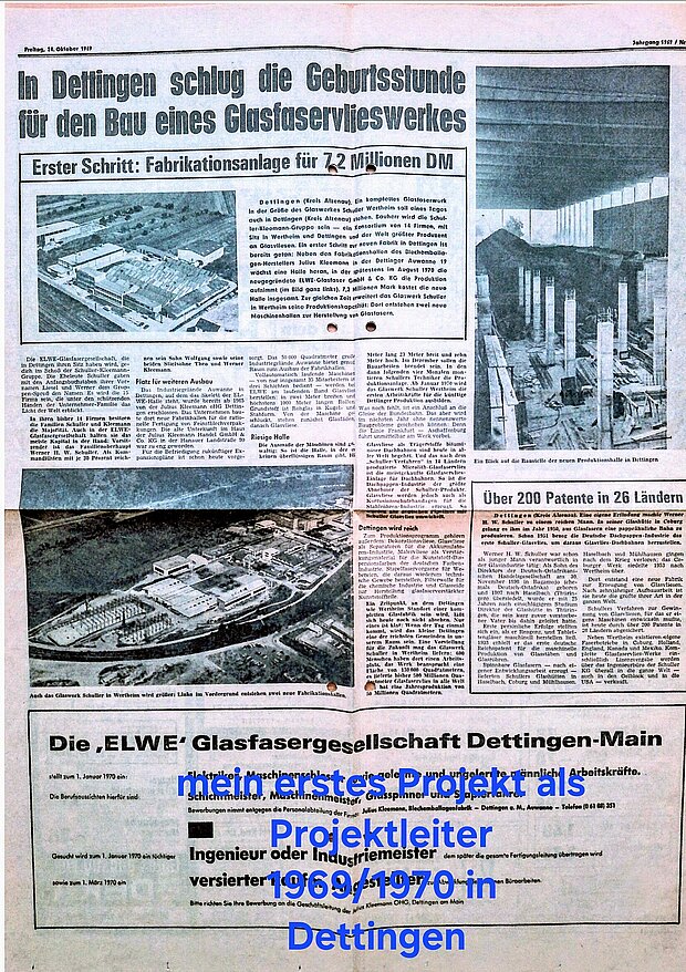 Das erste große Projekt: Zeitungsartikel über Zeitungsartikel von 1969 über den Bau eines Glasfaservlieswerkes in Dettingen, wo H.-J. Ohl sein erstes großes Projekt als Projektleiter umsetzte: Die Einrichtung einer Produktionsanlage