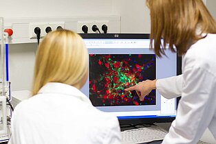 Studentinnen werten ein Mikroskopbild am Computer aus im Studiengang Applied Life Sciences am Campus Zweibrücken ((c) HSKL)