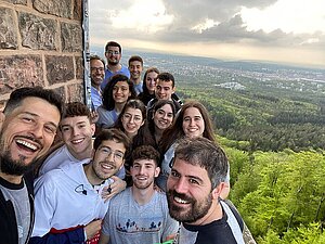 Participants of the Blended Intensive Program 'Decarbonization Strategies in Process Engineering' at the Mobility Week in Kaiserslautern on the Humberg Tower. Students from the partner university Turku AMK took part in the BIP.